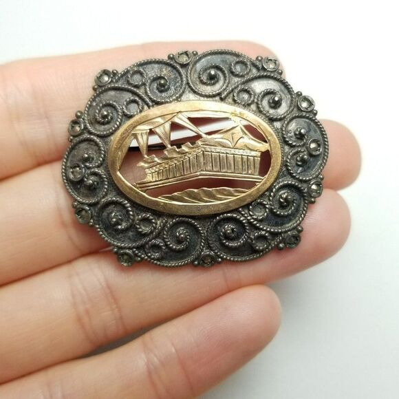 Antique Grand Tour Acropolis Parthenon Brooch 950 Silver Gilt Marcasite - Picture 6 of 7